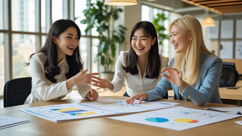 三个人在办公室讨论如果做方案。两个中国女生是设计师，一个金发的客人。很开心的交谈中